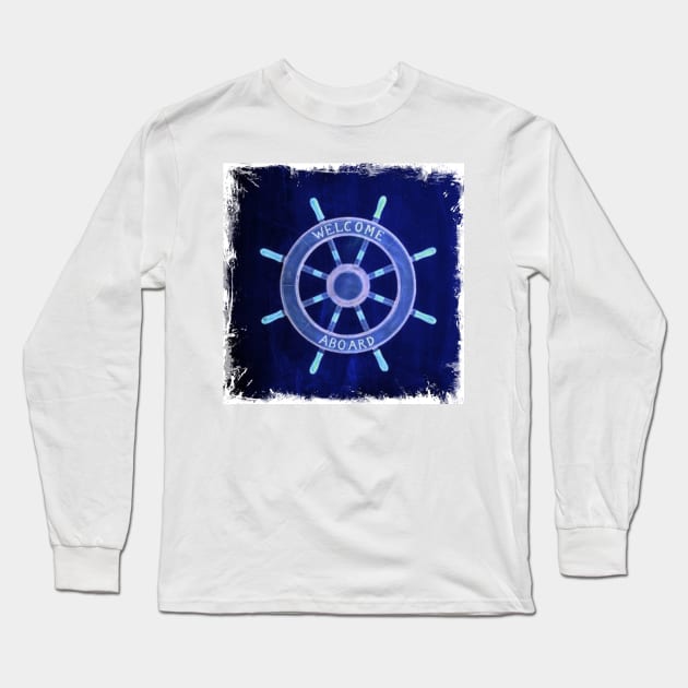 Preppy rustic beach  navy blue Captain Ship Wheel nautical Long Sleeve T-Shirt by Tina